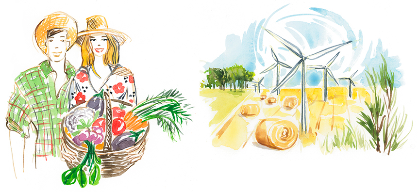 wind farm in a wheat field in summer and a couple of organic farmers with their products in a basket watercolor illustration