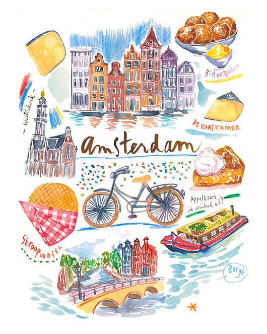amsterdam watercolor illustration with Dutch food, bike, boat and buildings