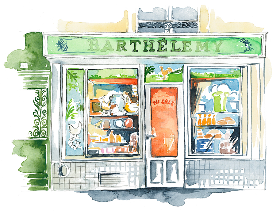 Barthélémy cheese shop in Paris watercolor painting