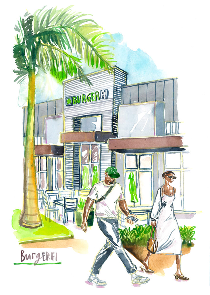 couple walking down the street in Florida watercolor illustration