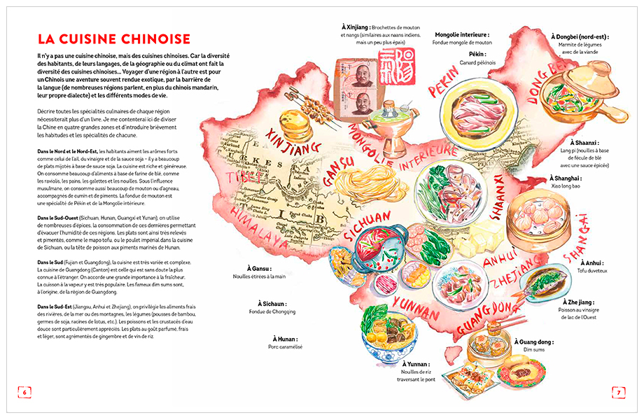 China food map in a Chinese cookbook showing the classic meals of each region