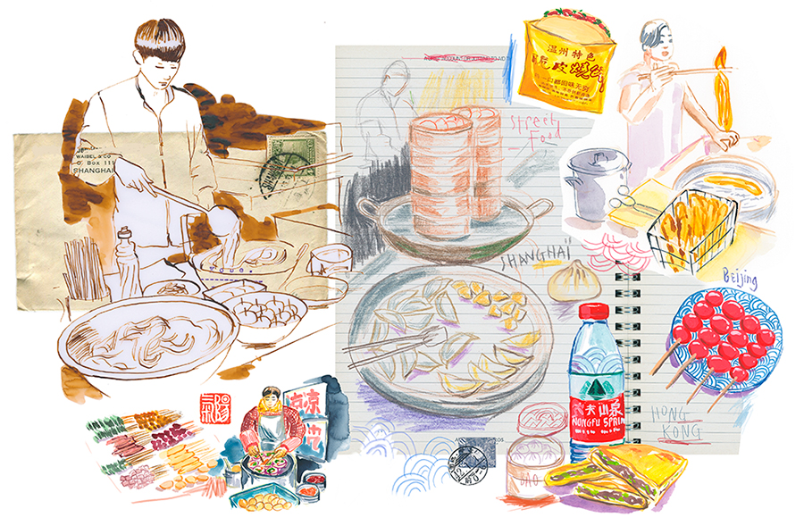Chinese street food collage illustration