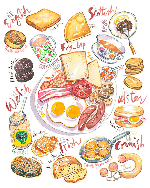 full english breakfast including ingredients watercolor illustration