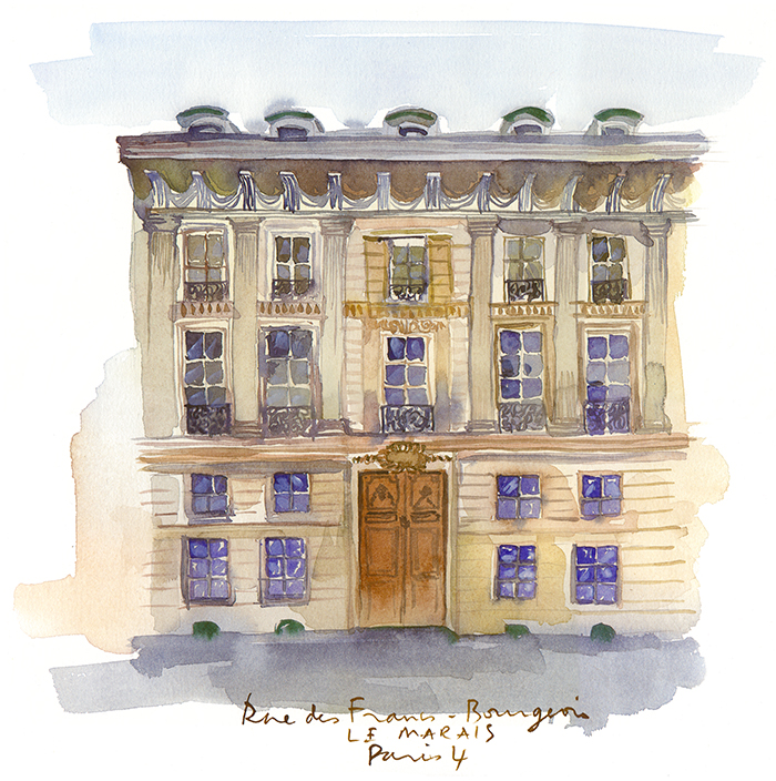 Building Rue des Francs-Bourgeois in Paris watercolor painting