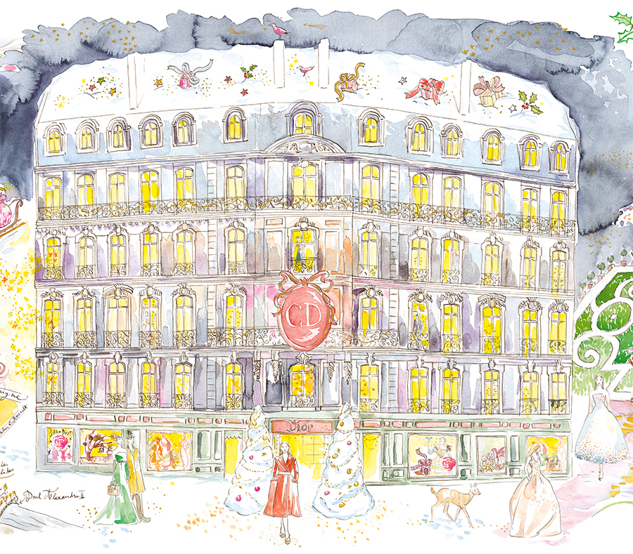 Dior buiding with snow avenue Montaigne in Paris during Christmas watercolor illustration