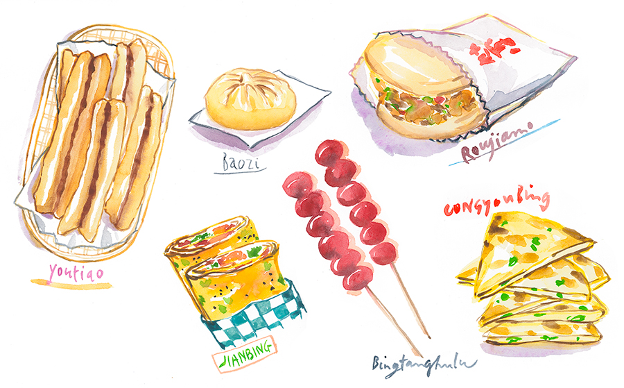 Chinese street food watercolor illustrations