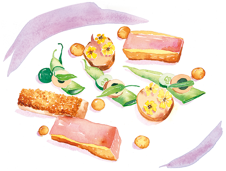 Illustration à l'aquarelle de la recette du filet de charolais par le chef Patrick Bertron