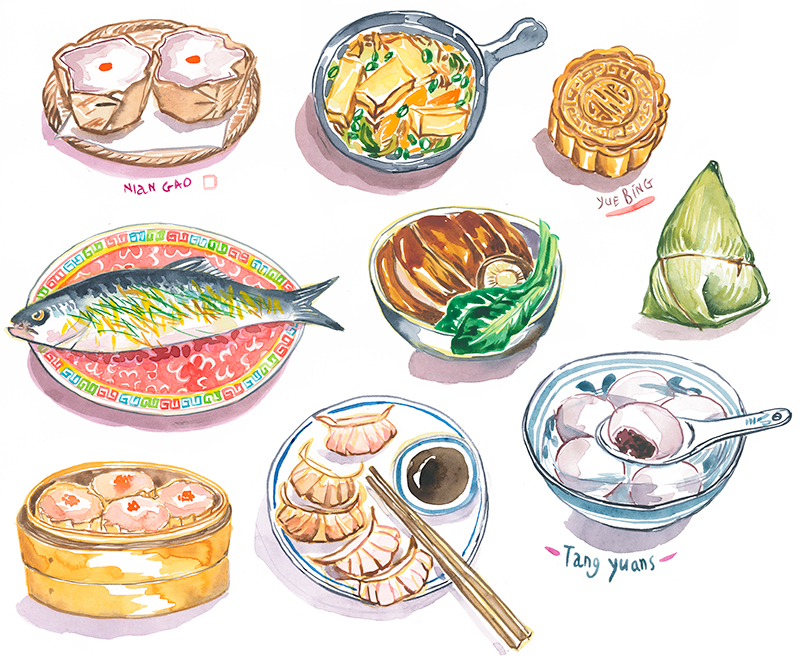 Chinese New Year watercolor food illustrations