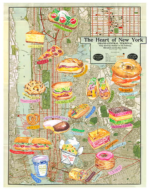 watercolor classic Manhattan food on vintage New York City map