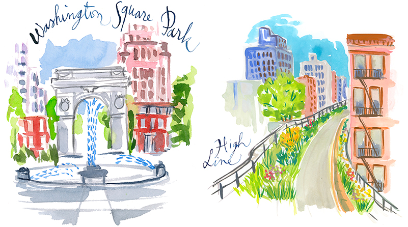 Washington Square Park and High Line in New York City watercolor painting