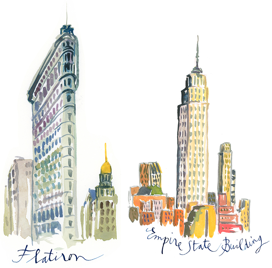 flatiron and empire state builing in New York City Manhattan watercolor painting