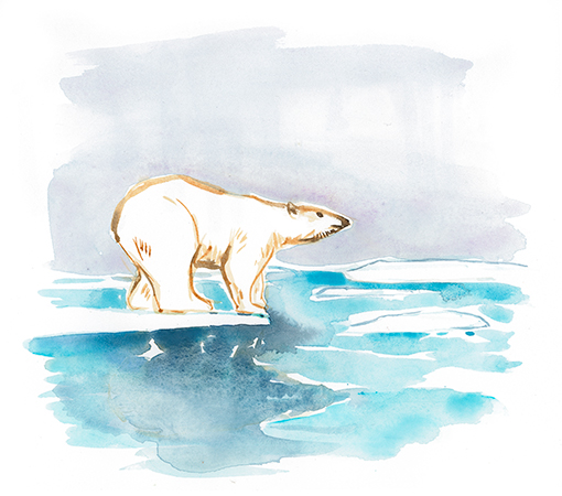 White bear at the time of climate  change watercolor illustration