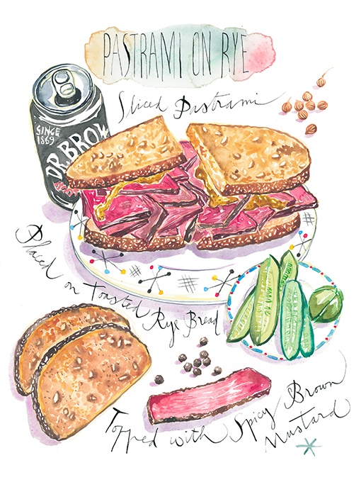 pastrami on rye illustrated in watercolor recipe