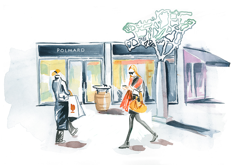 Two ladies walking by Polmard restaurant in Paris watercolor illustration