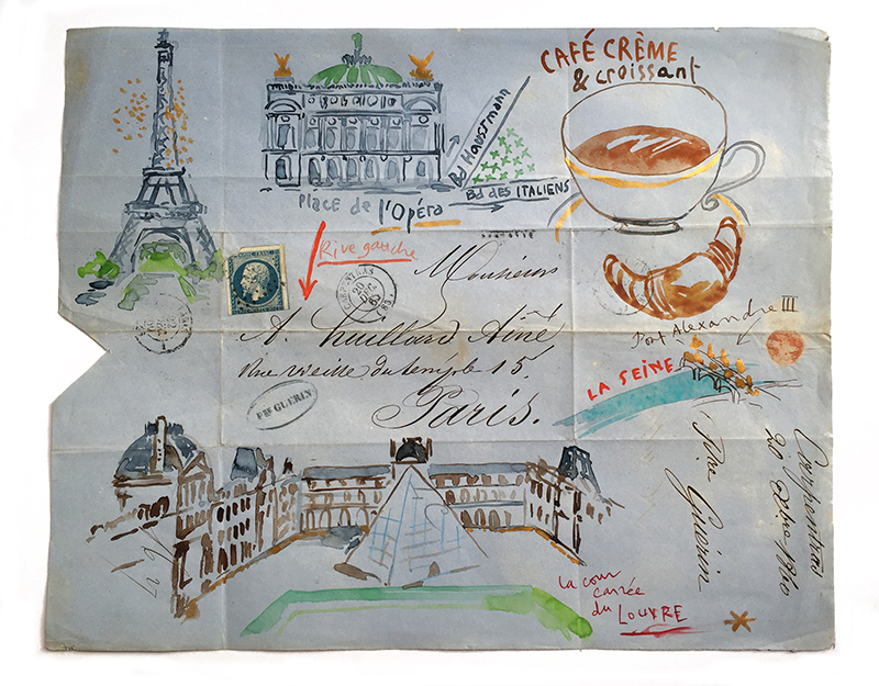 watercolor painting on a vintage Paris letter showing Opera Garnier, Eiffel Tower, Le Louvre, Coffee and croissant