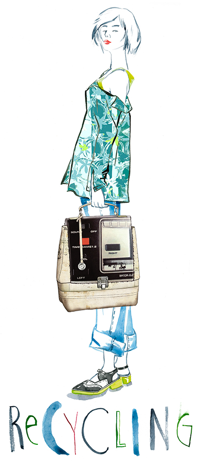 fashion illustration of a girl wearing recycled outfits and bag