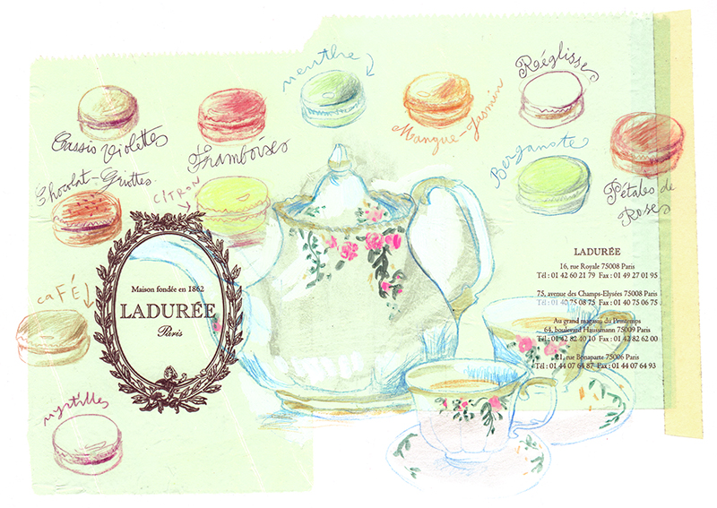 macarons and teapot drawing on a Ladurée paper bag