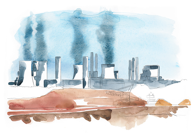 Factories and pollution at the time of climate change watercolor illustration