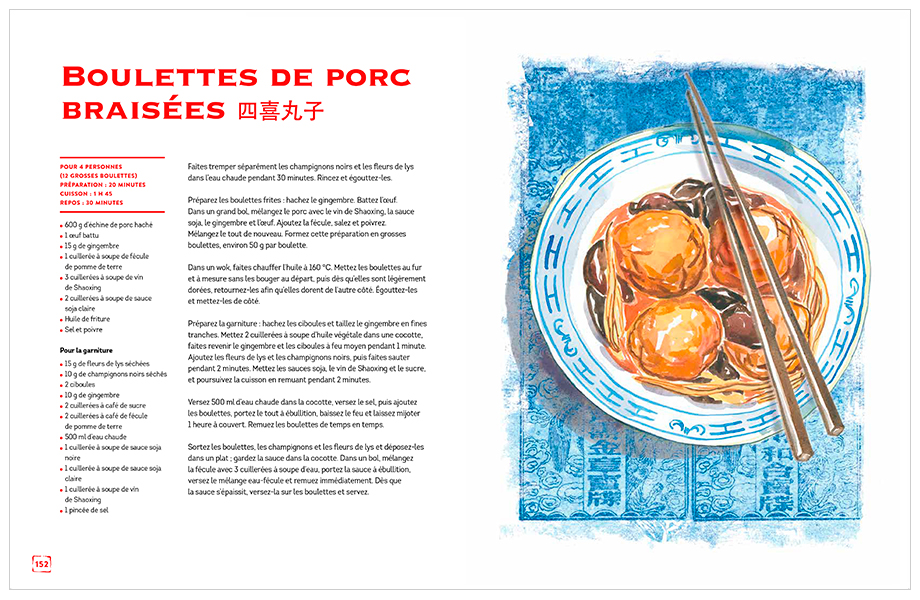 Illustration dessinée à l'aquarelle des boulettes de porc braisées dans un livre de recettes chinoises