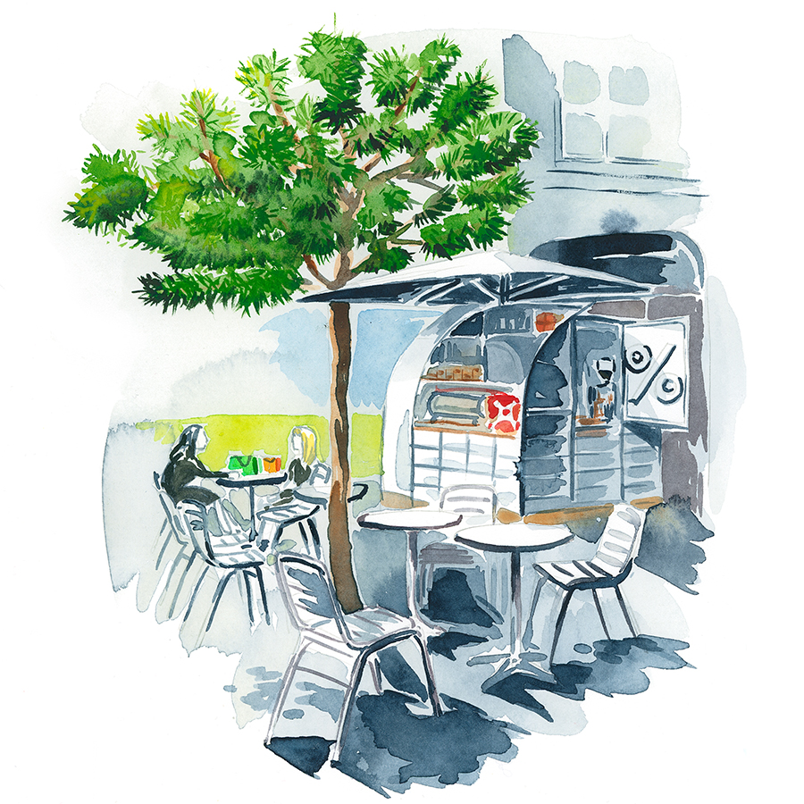 outdoor coffee shop in Beaupassage in Paris watercolor illustration
