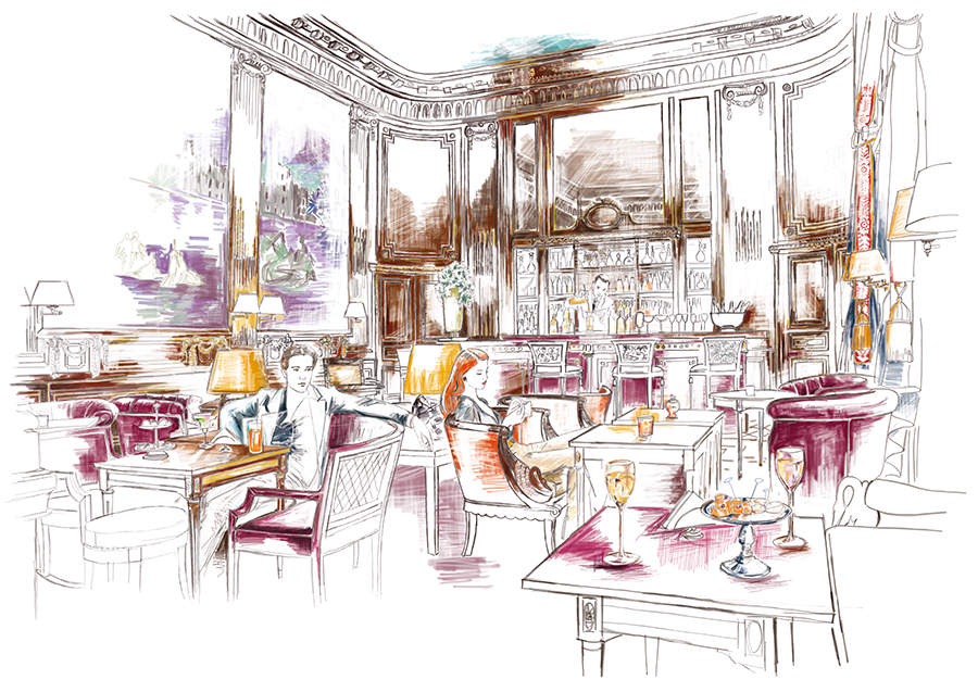 Illustration of elegant parisian people having a drink at Hotel Meurice bar in Paris