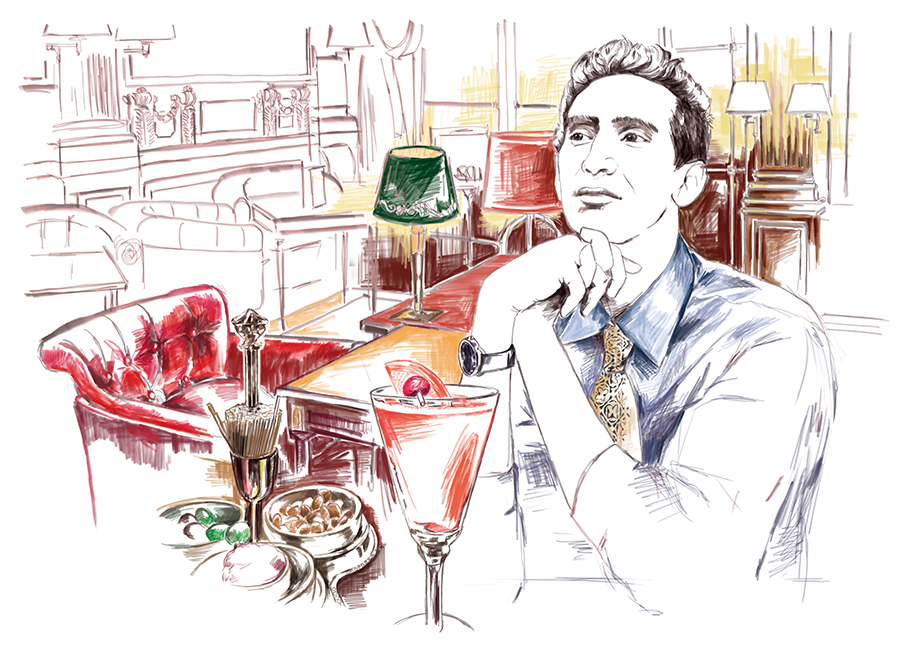 Illustration of an elegant man sitting in Hotel Meurice bar in Paris having a cocktail