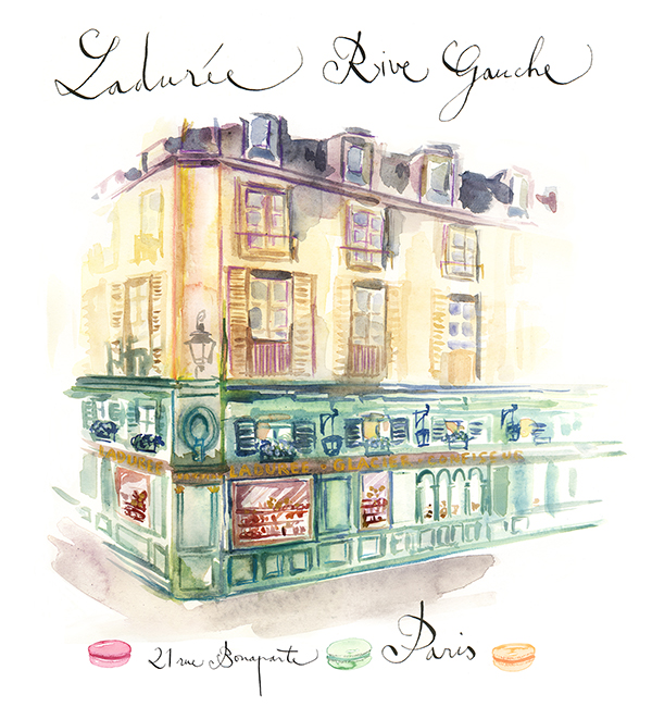Ladurée shop rue Bonaparte in Paris watercolor painting