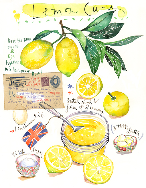 Lemon curd recipe watercolor illustration with fruits and British flag