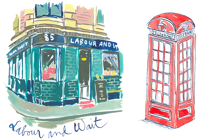 Labour and wait restaurant in London  and British phone booth gouache illustration