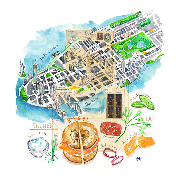 Watercolor illustration of Manhattan with bagels