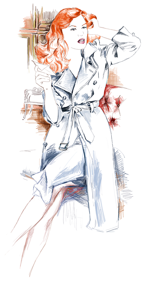 fashion illustration of a red hair lady wearing a trench coat in a lounge