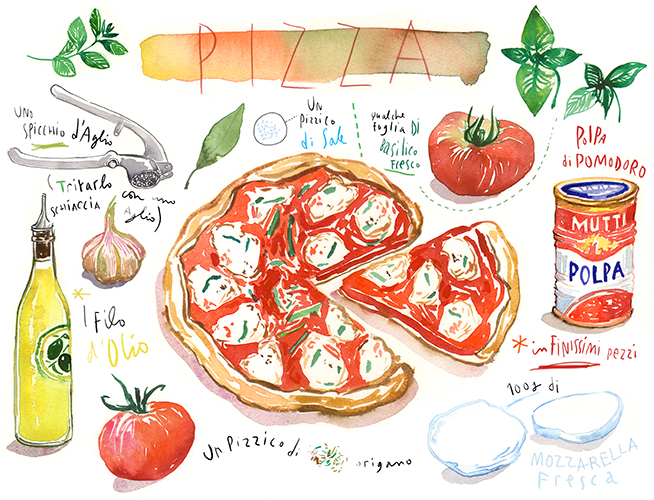 Neapolitan pizza recipe watercolor illustration with ingredients and handwritten directions in Italian