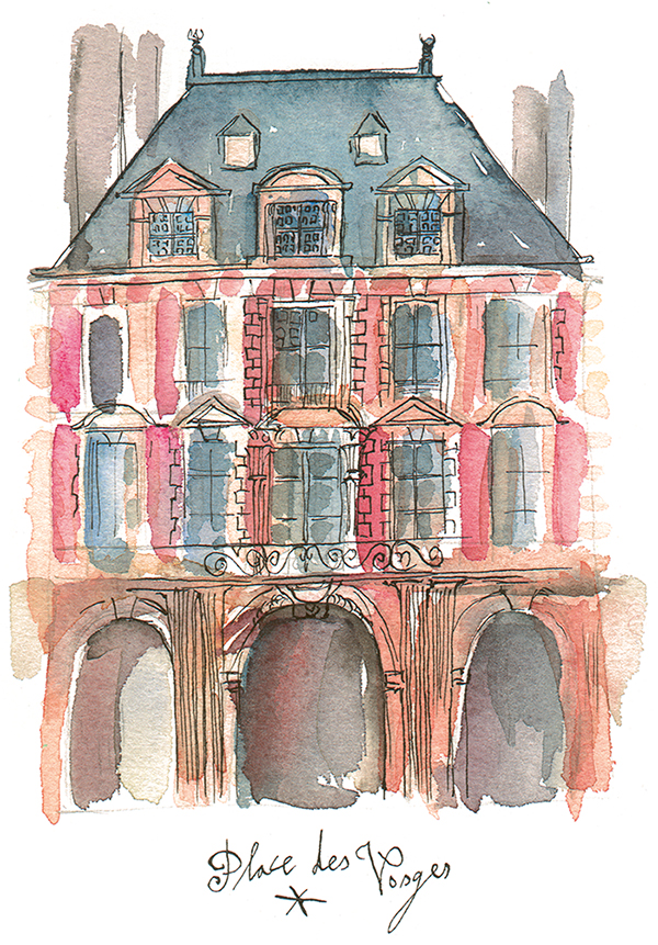 Place des Vosges in Paris watercolor illustration