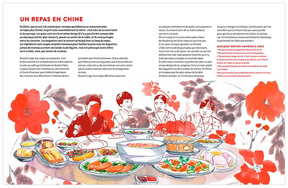 Chinese people having dinner at the table with many dishes watercolor illustration in a cookbook