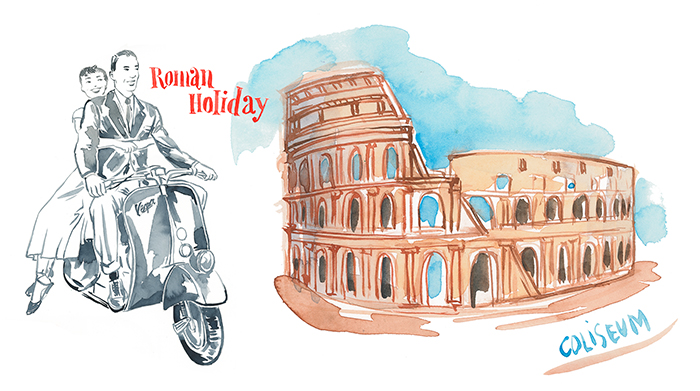 Rome coliseum and Audrey Hepburn and Gary Cooper on a Vespa from Roman Holiday watercolor illustration
