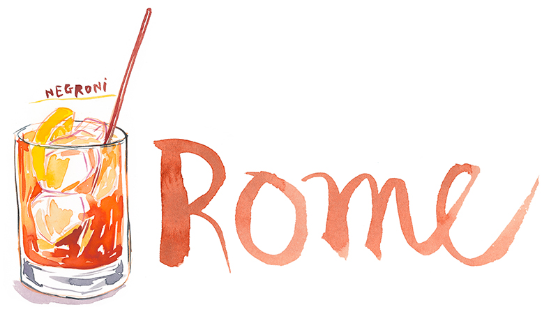 negroni cocktail watercolor illustration with Rome calligraphy