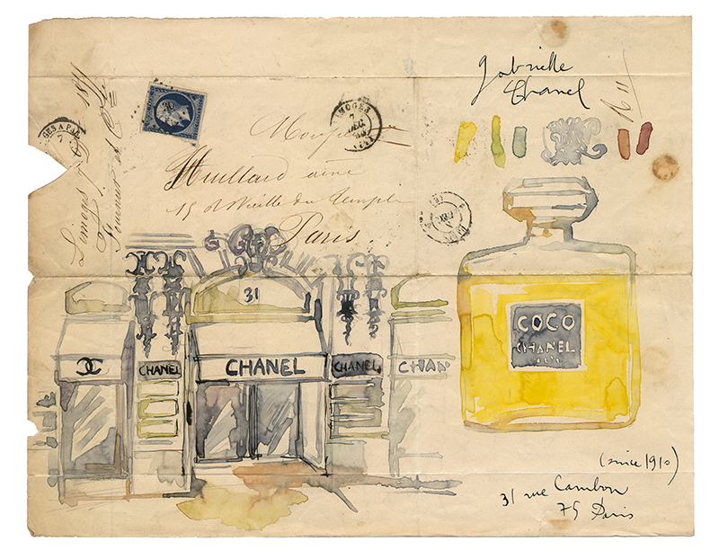 Coco Chanel fragrance and Chanel rue Cambon house painted in watercolor on an elegant French ephemera