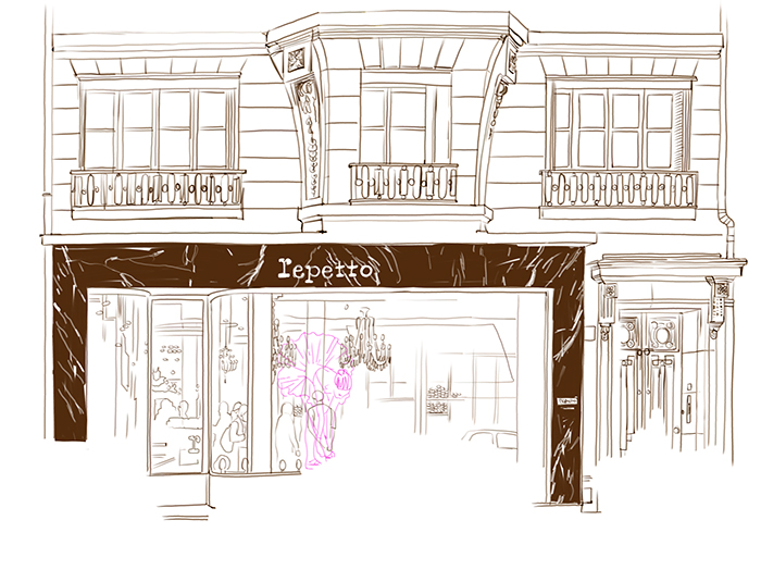 outline drawing of Repetto store rue de la Paix in Paris