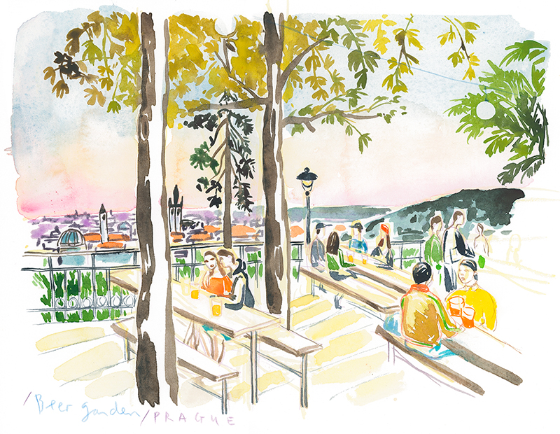 Czech beer garden with people having a drink and Prague skyline watercolor illustration