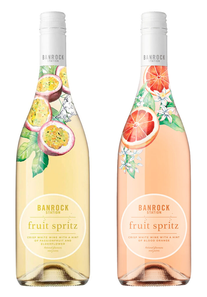 Two fruit spritz bottles decorated by elderflower, passionfruit and blood orange watercolor illustrations