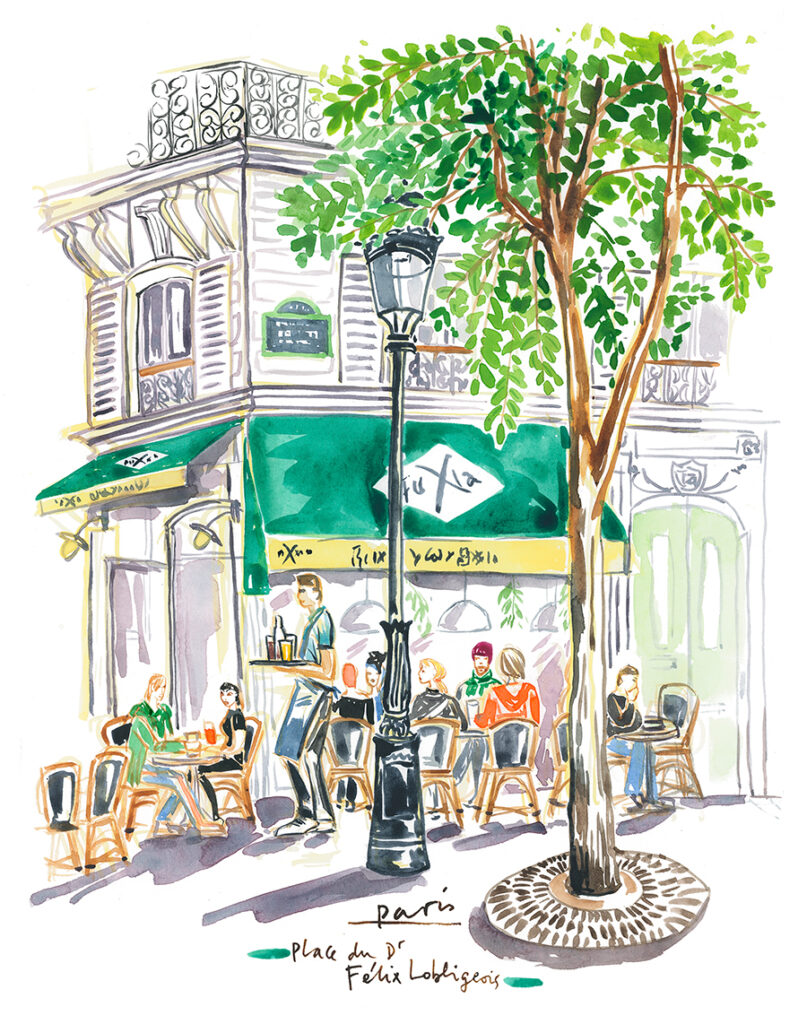 watercolor Paris café with terrace illustration