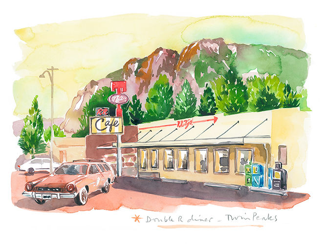 Outdoor Twin Peaks RR diner watercolor illustration 
