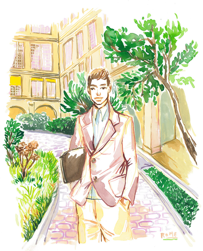 young and elegant man in a Rome street watercolor illustration