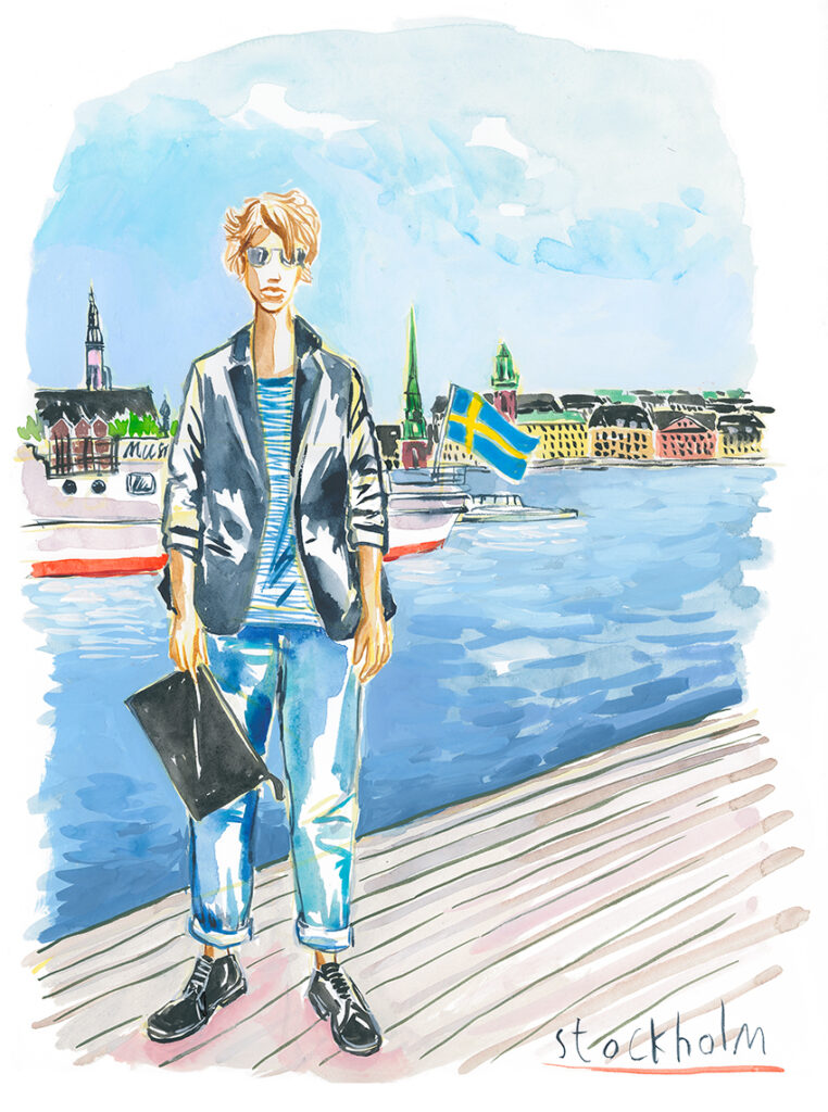 Hipster in Stockholm watercolor fashion illustration