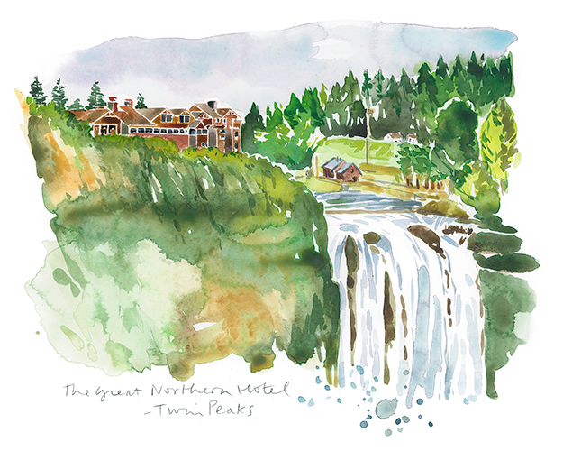 The Great Northern Hotel of Twin peaks watercolor illustration with waterfall and mountains
