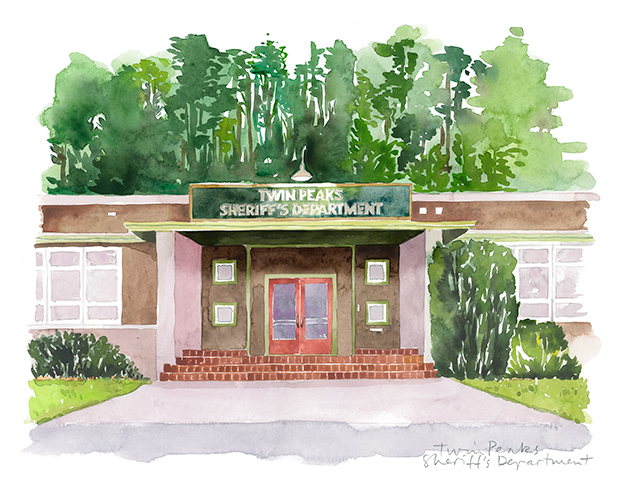 Outdoor Twin Peaks Sheriff's department watercolor illustration