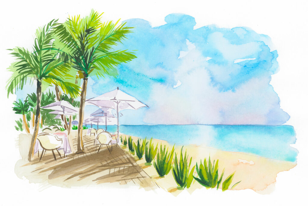 watercolor beach view from a luxury hotel with palms watercolor illustration