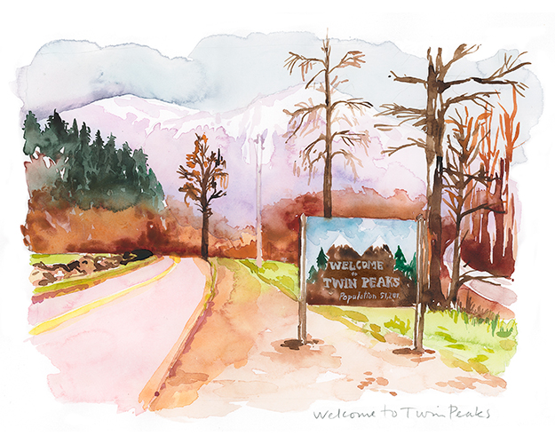 Welcome to Twin Peaks landscape watercolor illustration