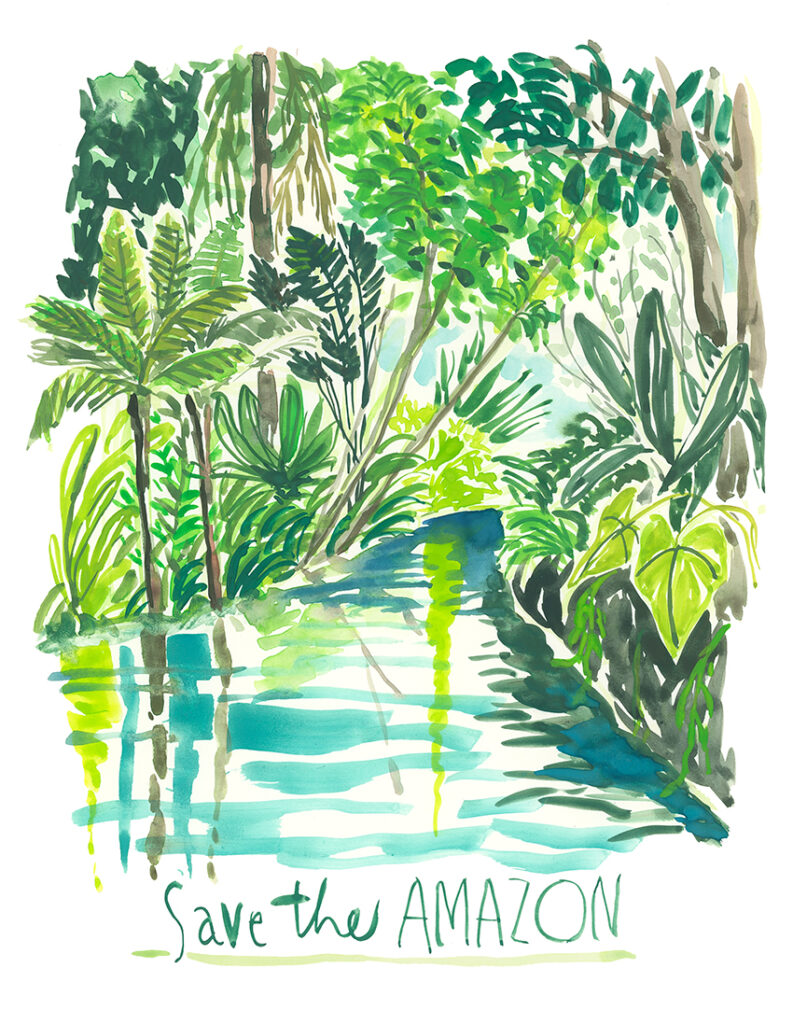 Tropical trees and plants along the river Amazon illustration