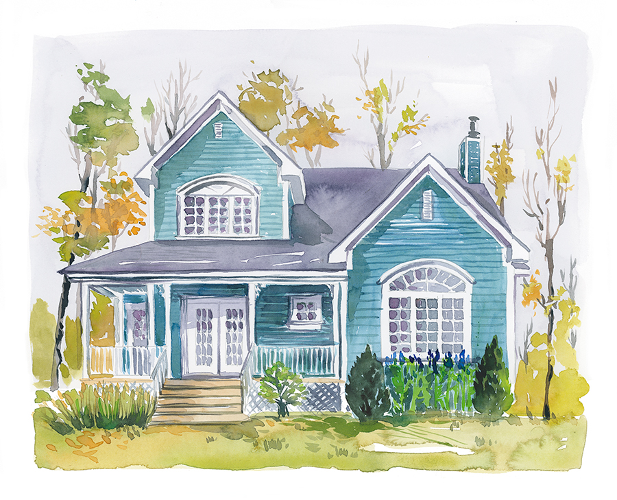 Watercolor illustration of a classic North American house with trees at Fall